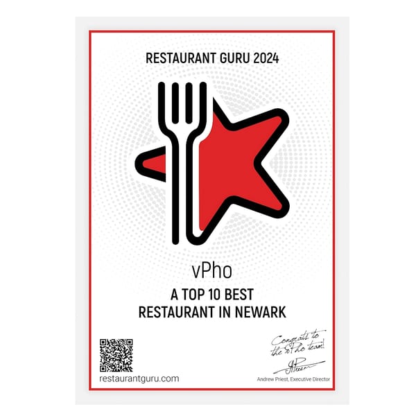 Restaurant Guru 2024 award for vPho, a top 10 best restaurant in Newark.