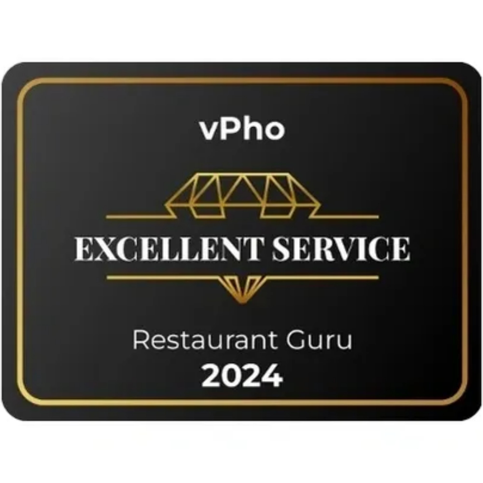 Black and gold vPho Restaurant Guru 2024 "Excellent Service" award plaque.